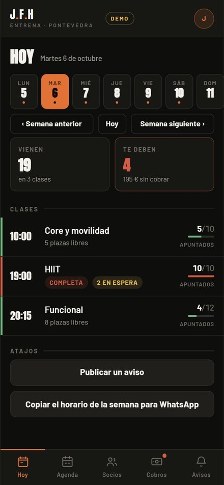 Panel del entrenador con las clases del día